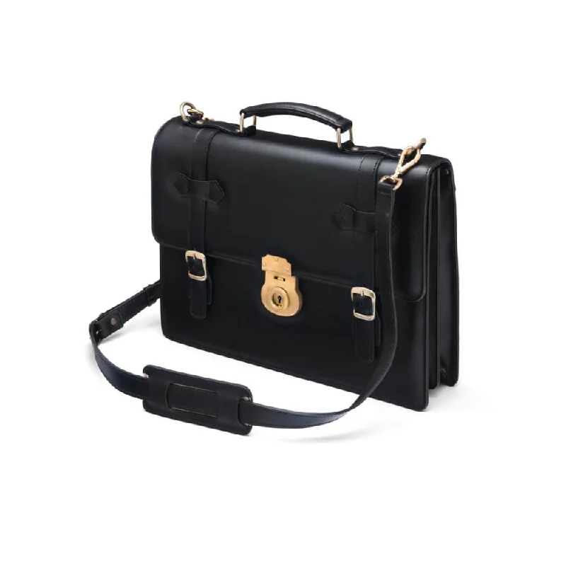 Traditional Leather Briefcase With Brass Lock - Black Sleek And Stylish Handbags At Lower Prices Traditional Leather Briefcase With Brass Lock - Black Sleek And Stylish Handbags At Lower Prices