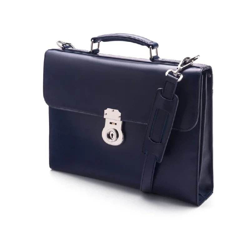 Vintage Leather Wall Street Briefcase, Silver Brass Lock - Navy Exclusive Bag Deals – Perfect For Any Occasion