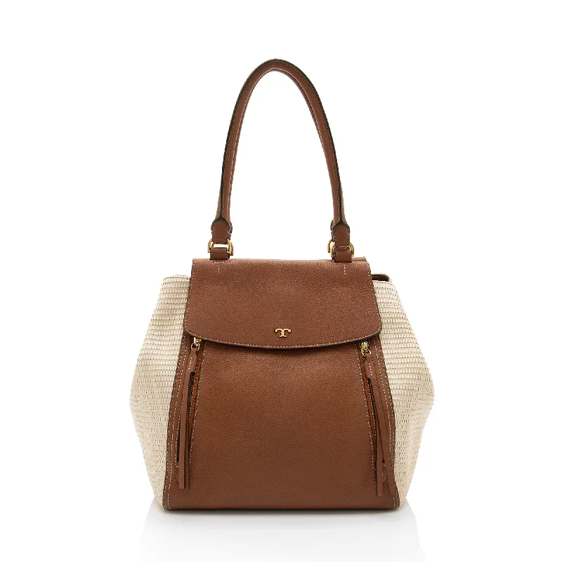 Tory Burch Leather Raffia Half Moon Medium Satchel (SHF-bRqpWH) Statement Bags With Exclusive Savings Tory Burch Leather Raffia Half Moon Medium Satchel (SHF-bRqpWH) Statement Bags With Exclusive Savings
