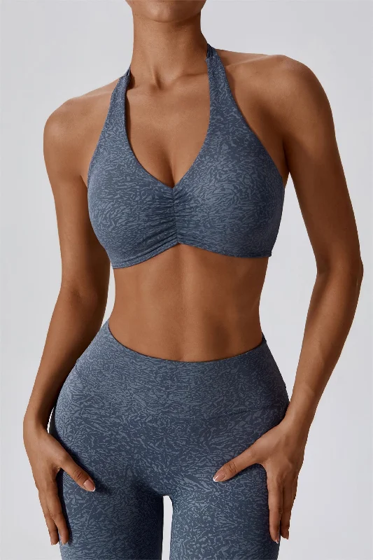 Patterned Ruched Deep-V Halter Sports Bra